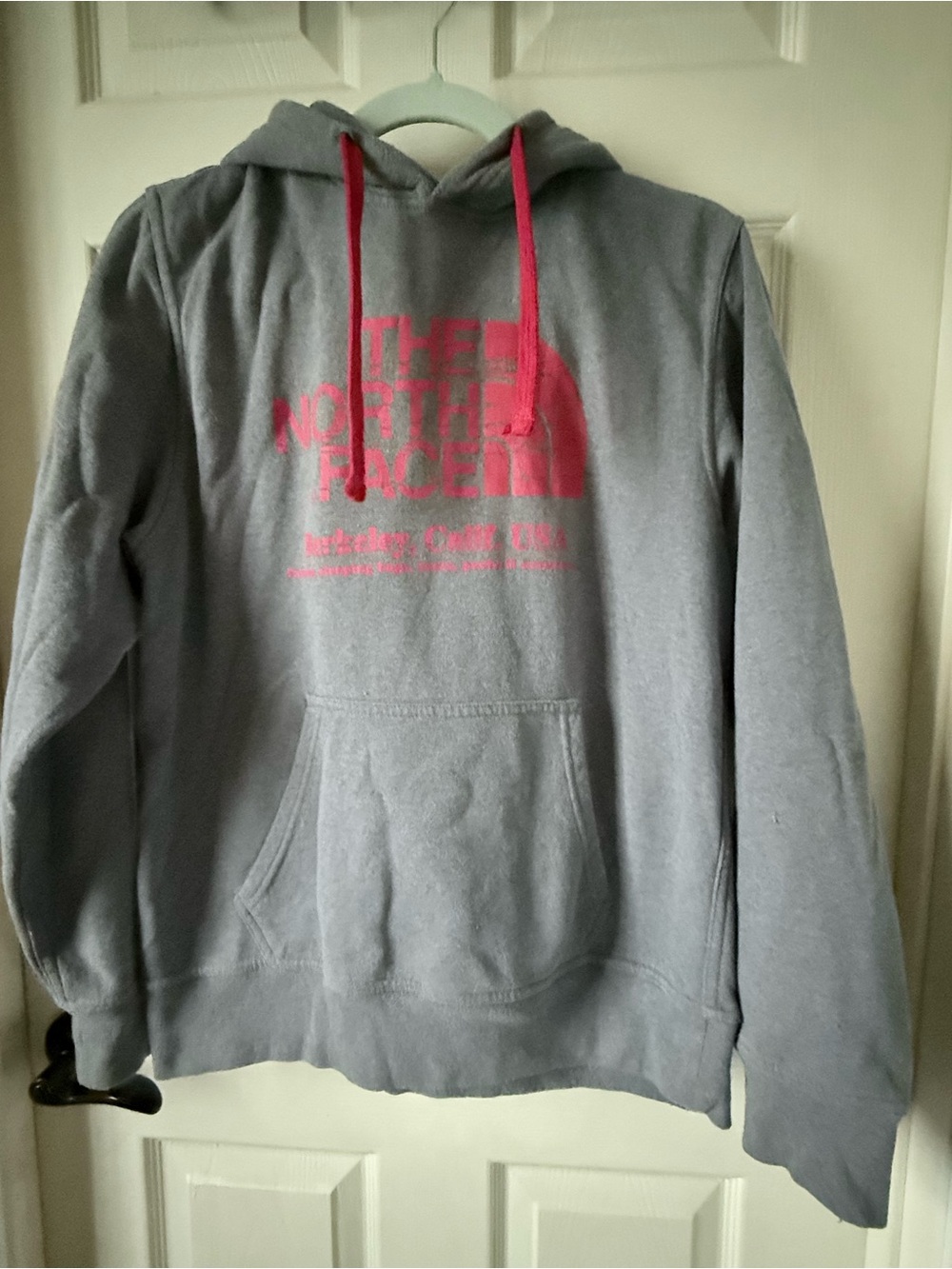 The North Face Men's Gray Hoodie with Pink Logo and Drawstrings